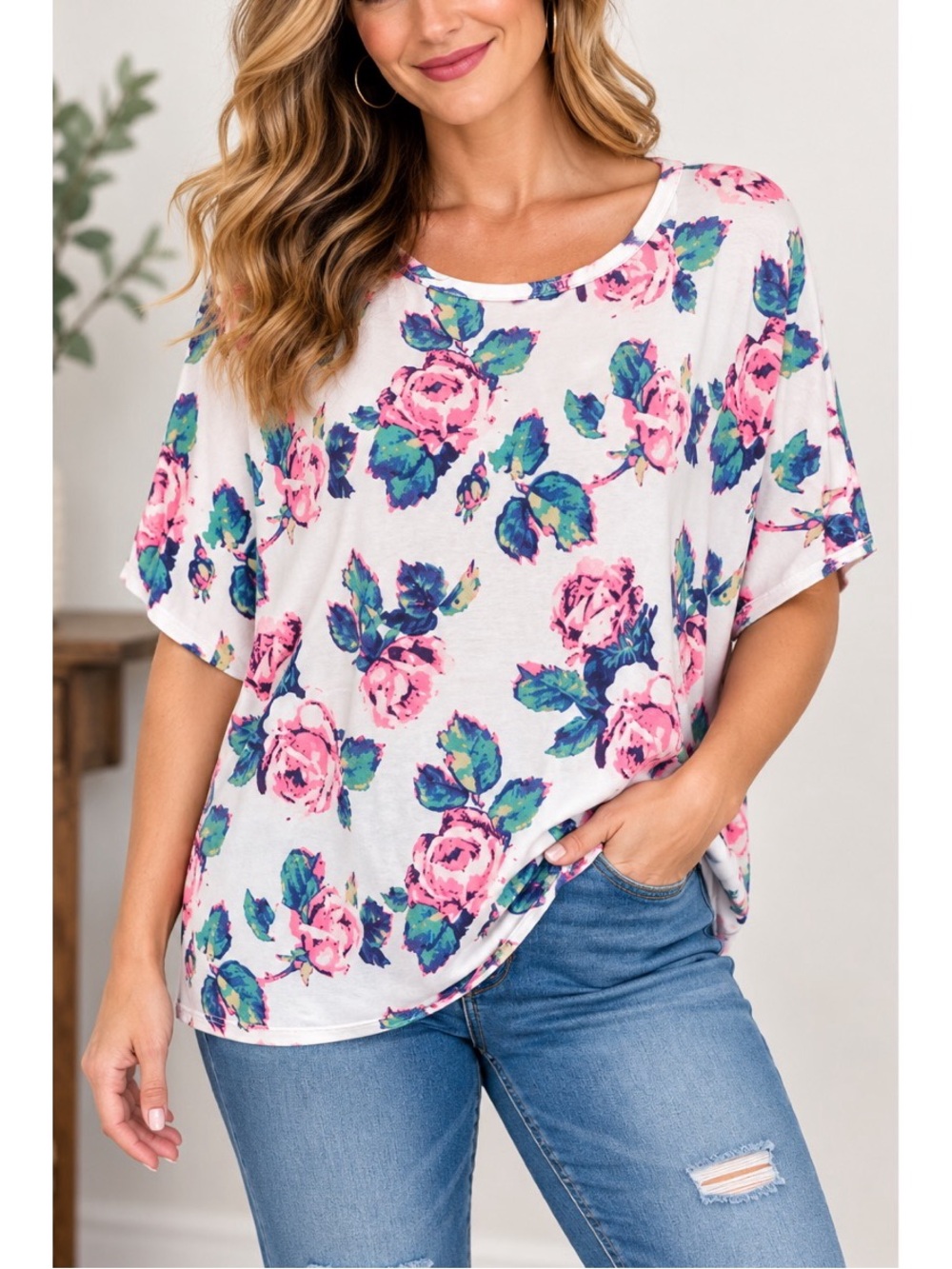 Sew in Love white floral print short sleeve top